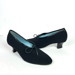 Thierry Rabotin Black Heels Pumps Canvas & Leather Bow Details Italy 38 1/2 US 8